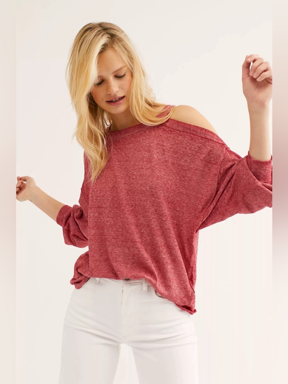 Free People Chill Out Long Sleeve Tee Red Relaxed Fit Casual Top Women Size L